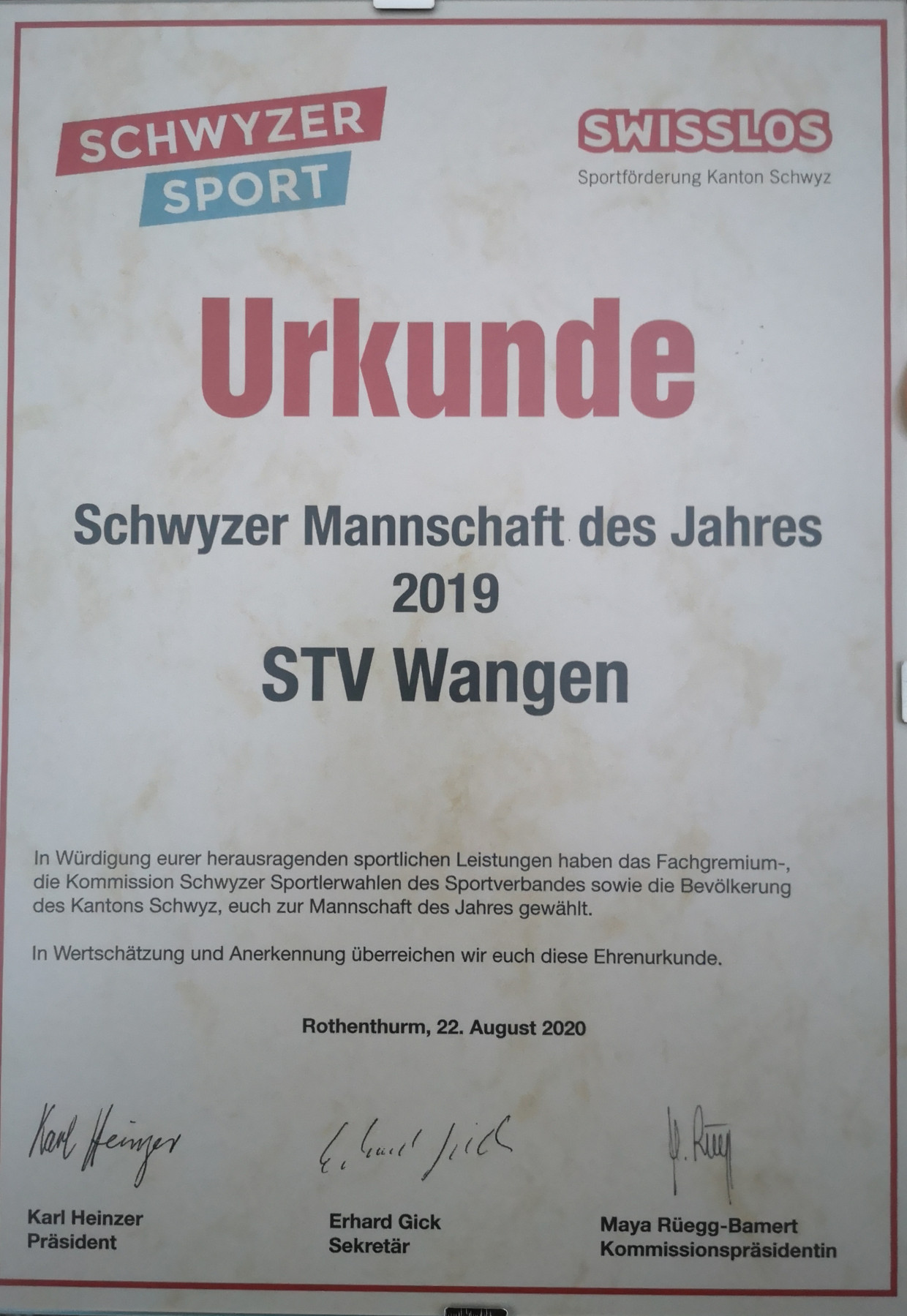 TVW zur Schwyzer Mannschaft des Jahres 2019 gekürt